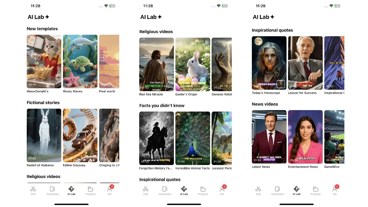 CapCut AI Lab tab with AI video templates for stories, facts, quotes and news