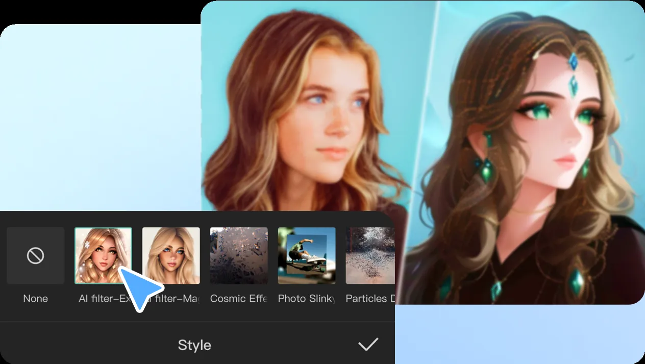 CapCut AI style panel turning a portrait photo into anime