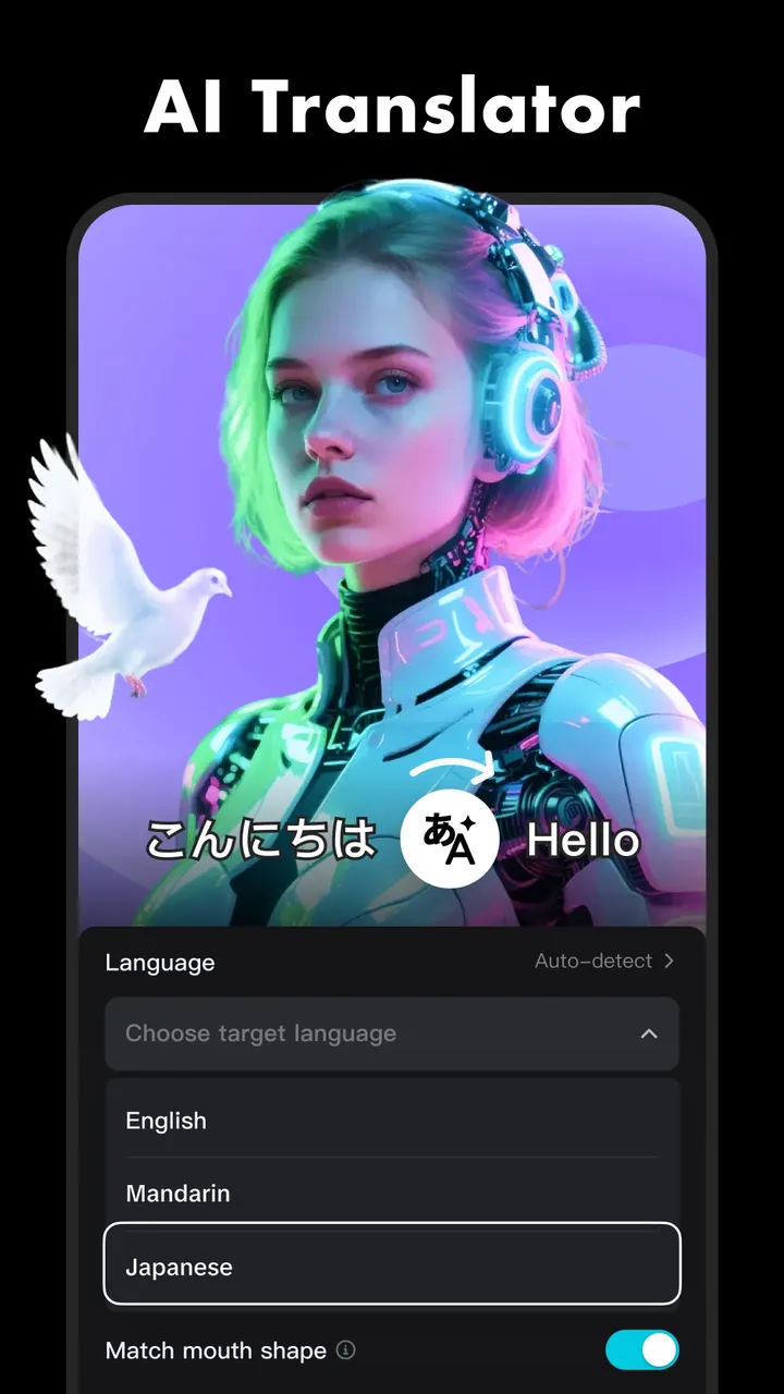 CapCut AI translator dubbing a video from Japanese to English