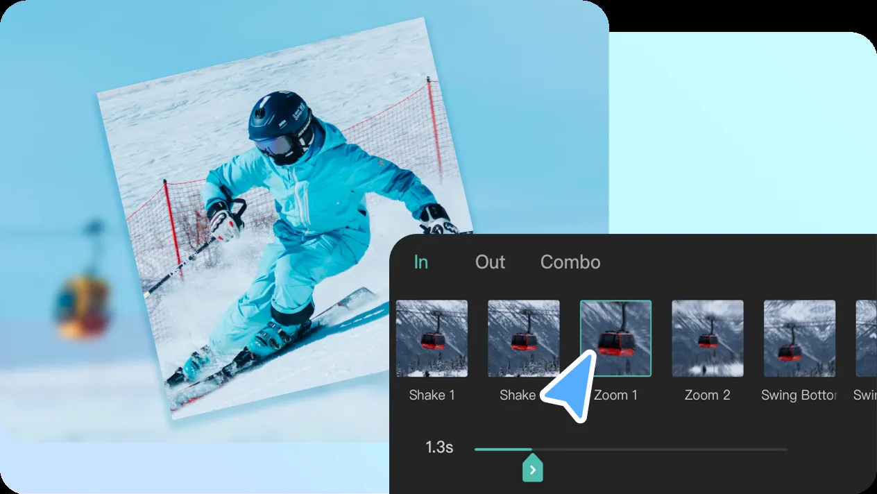 CapCut animation presets applied to a snowboarding clip