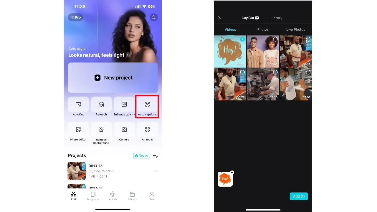 CapCut home screen with the Auto captions tool highlighted next to the video picker