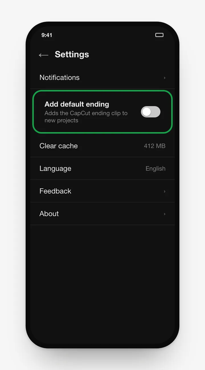 Illustration: CapCut settings with Add default ending turned off