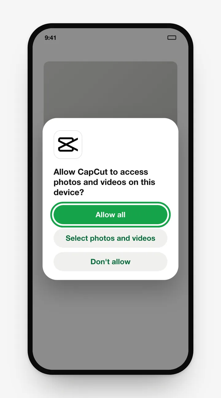 Illustration: CapCut asking for photo and video access on first launch