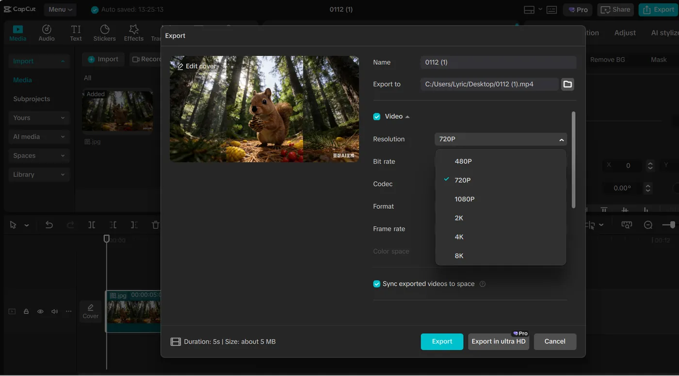 CapCut for PC export window with resolution, frame rate and bitrate settings