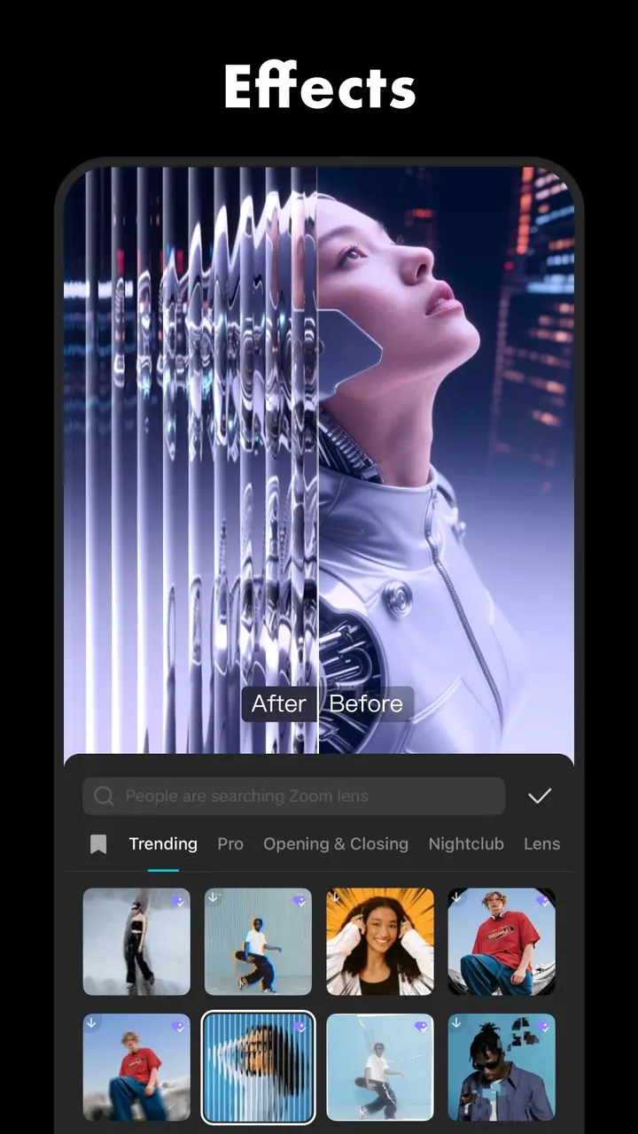 CapCut effects panel with Trending and Pro tabs and premium effects marked with a diamond badge