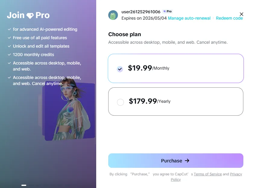 CapCut Pro choose plan screen with monthly and yearly options