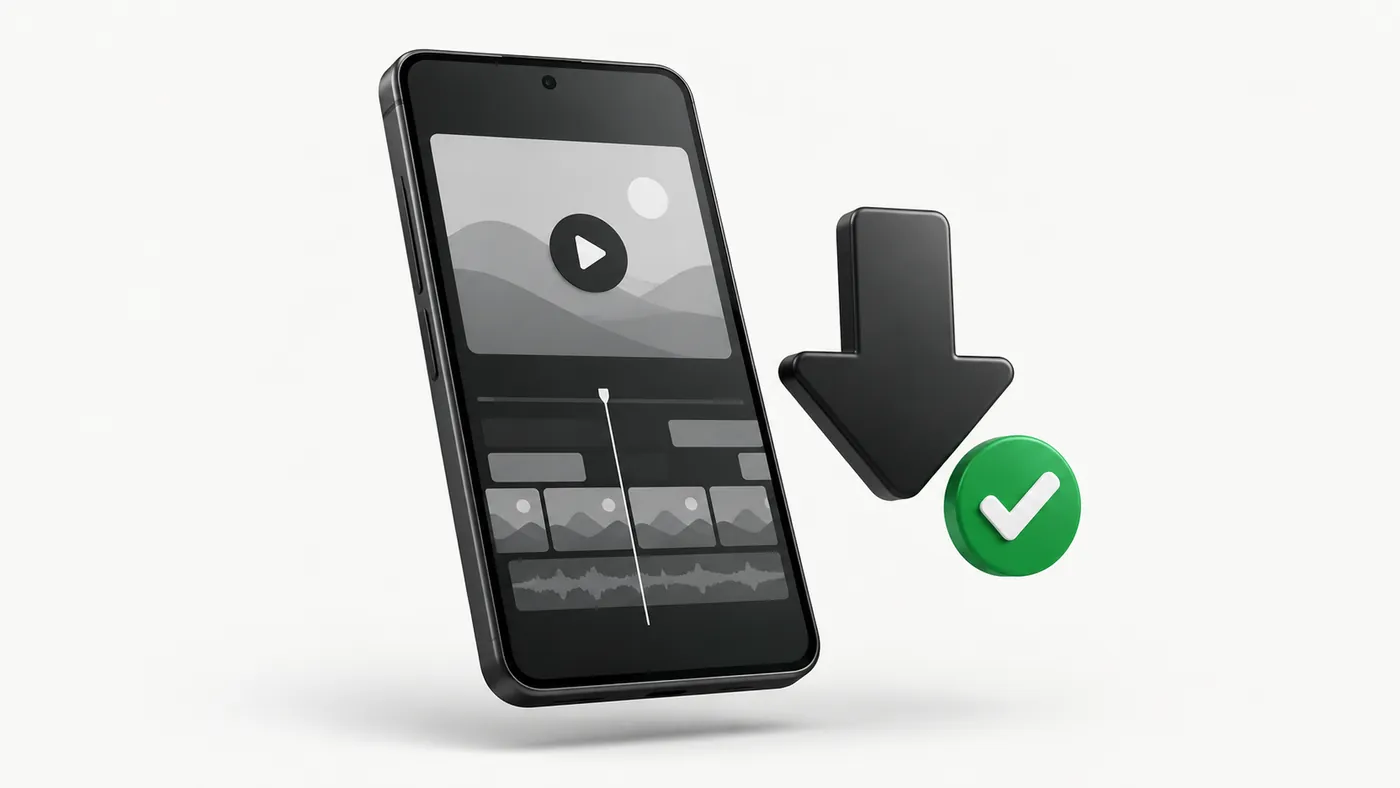 Android phone with a video editor and a verified download icon for the CapCut APK