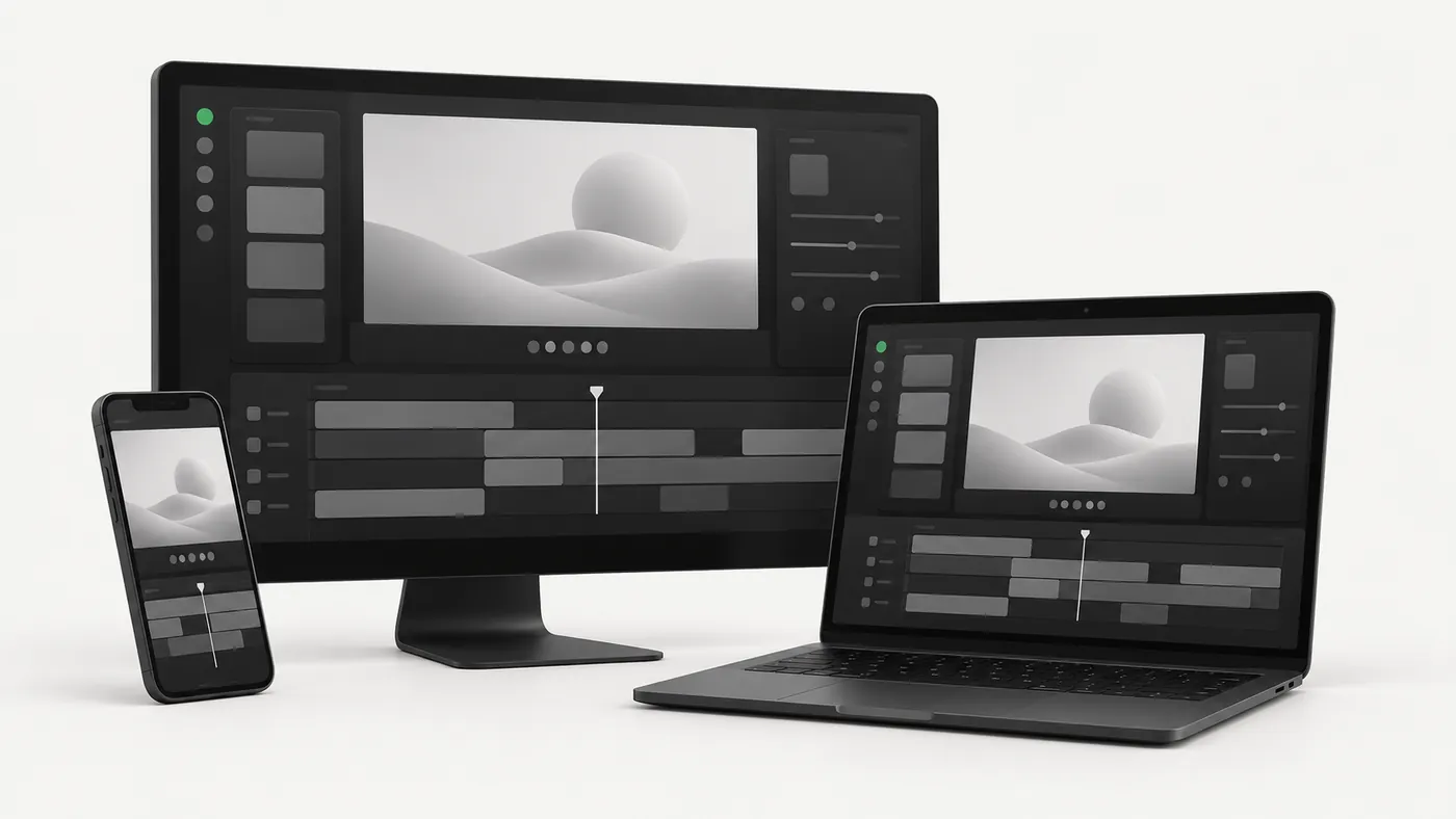 CapCut for PC shown on a desktop monitor, laptop and phone with a video editing timeline