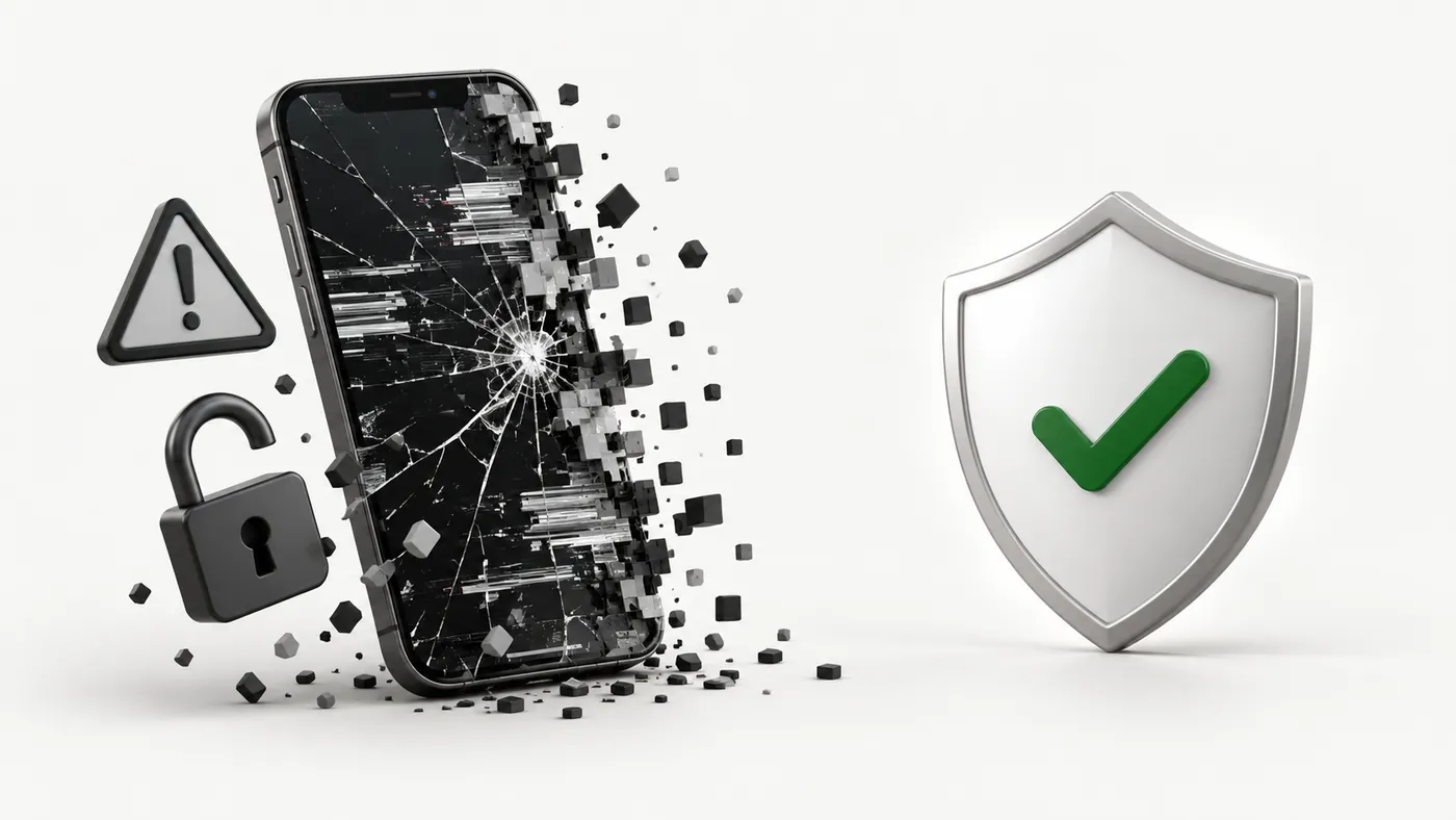 Broken phone with warning and unlocked padlock icons next to a security shield, showing CapCut Mod APK risks