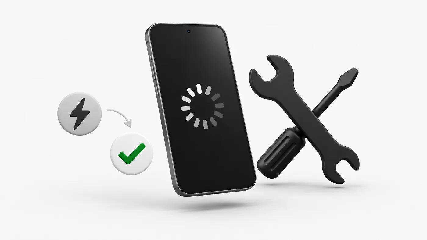 Fixing CapCut not working: phone with a loading spinner, repair tools and an error turning into a checkmark