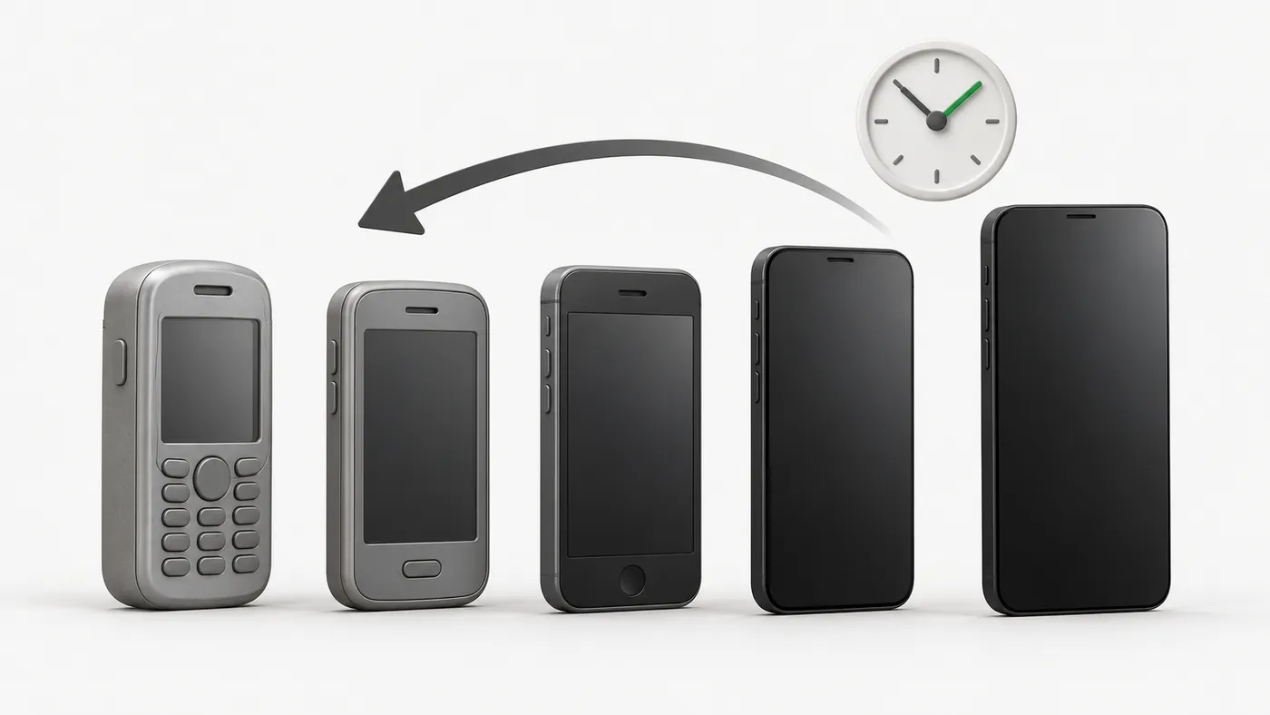Phones from old to new with an arrow pointing back, representing CapCut old versions