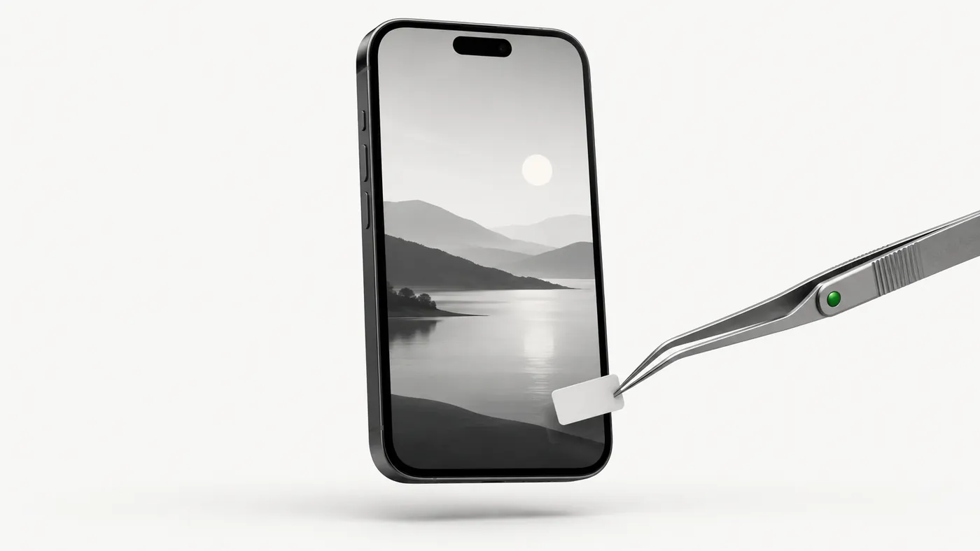 Tweezers removing a watermark tag from a video on a phone